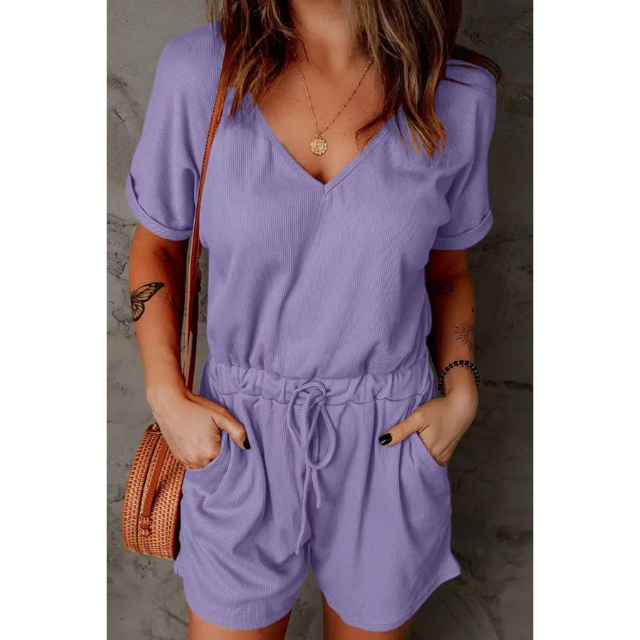 Full Size Drawstring V-Neck Short Sleeve Romper