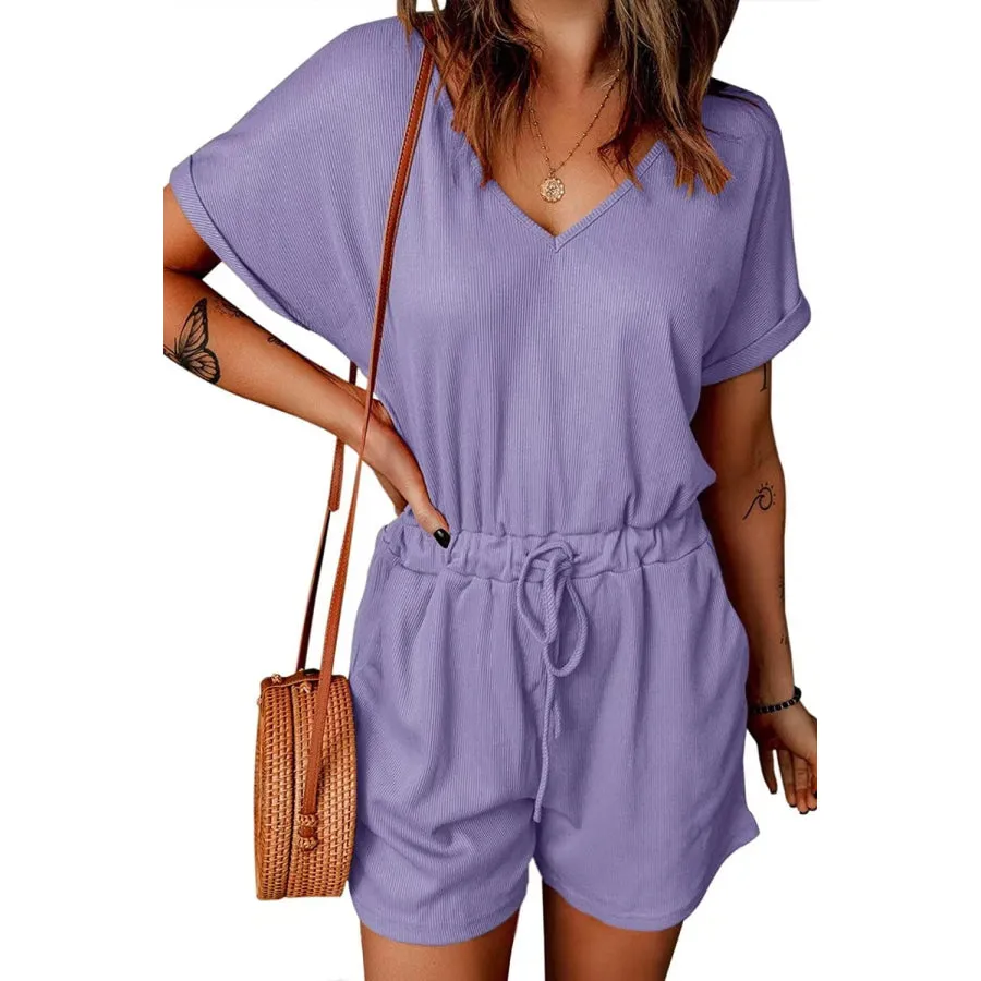 Full Size Drawstring V-Neck Short Sleeve Romper