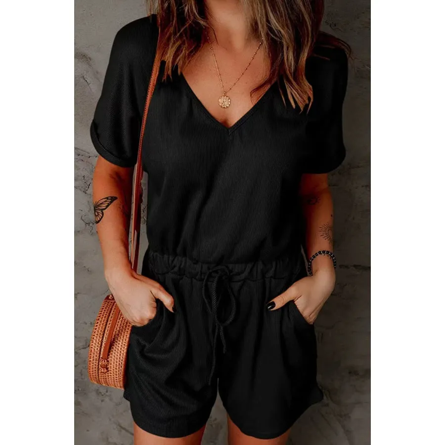 Full Size Drawstring V-Neck Short Sleeve Romper