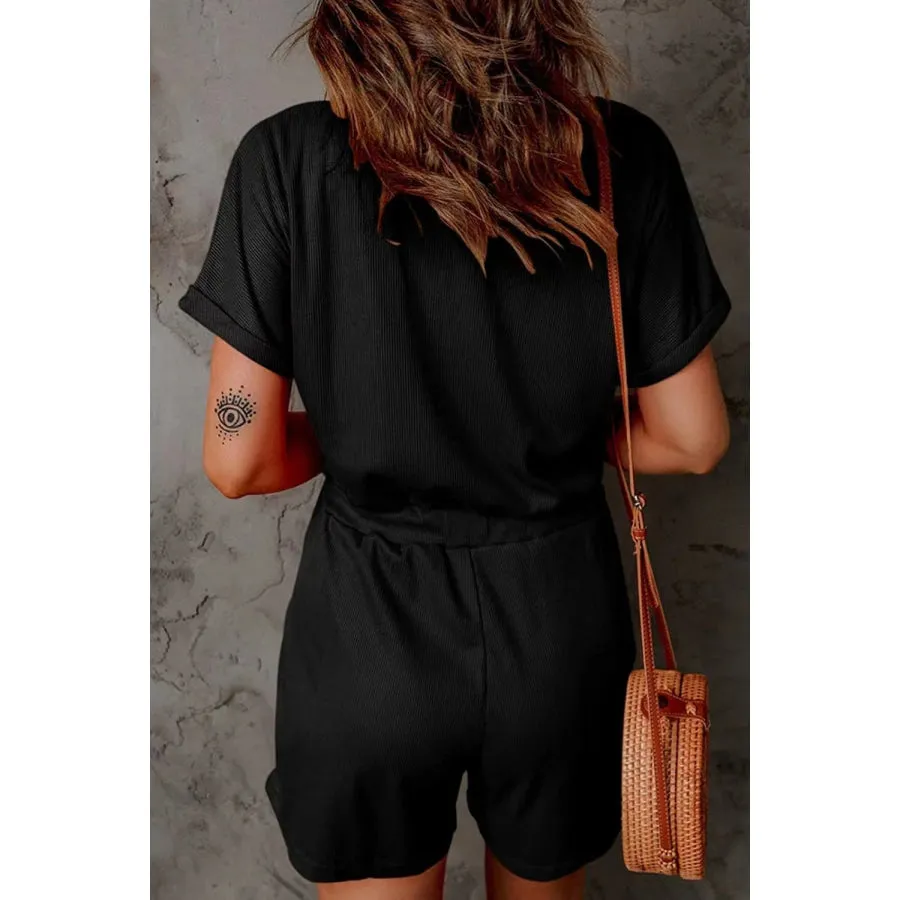 Full Size Drawstring V-Neck Short Sleeve Romper