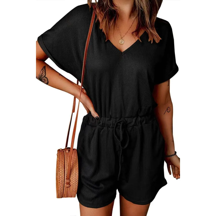 Full Size Drawstring V-Neck Short Sleeve Romper