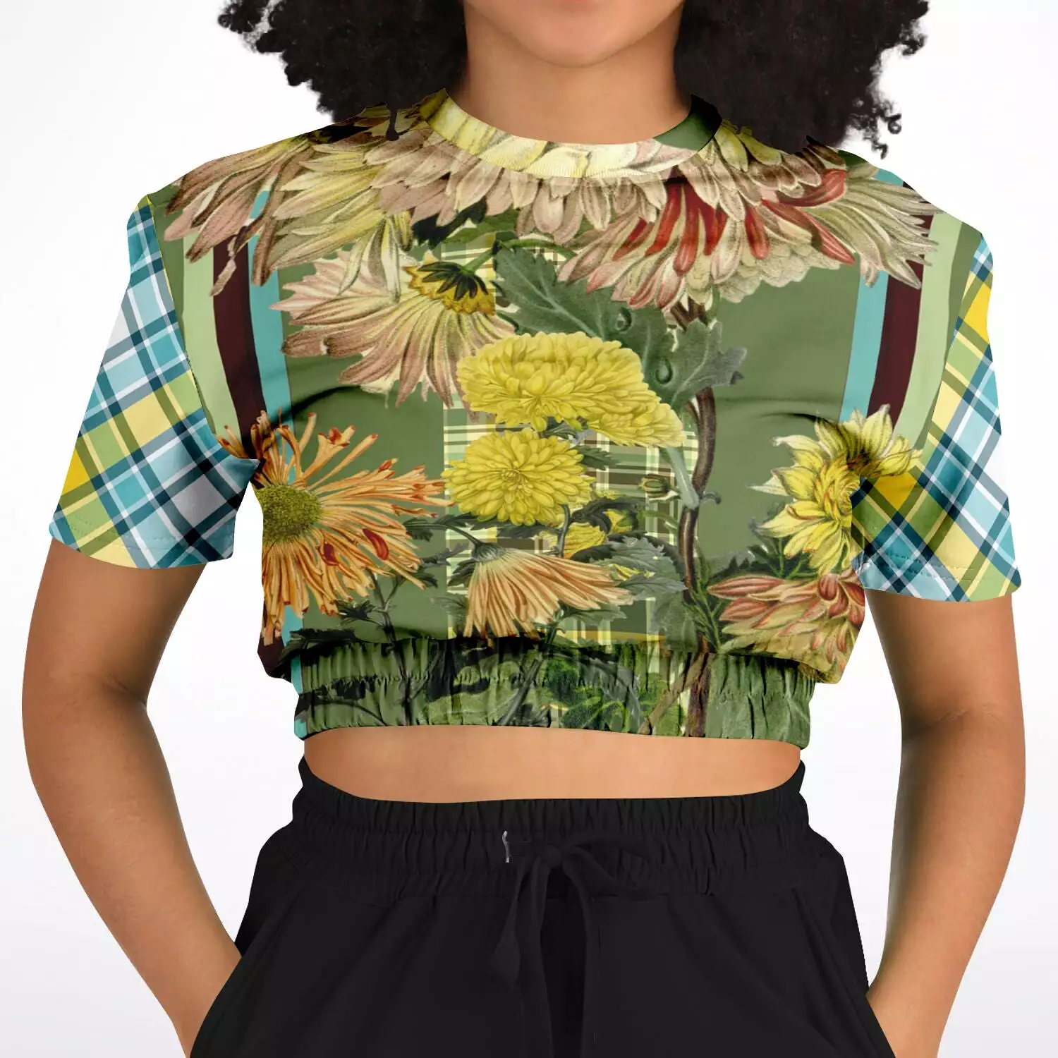 Green Caravan Plaid Short Sleeve Cropped Eco-Poly Sweater