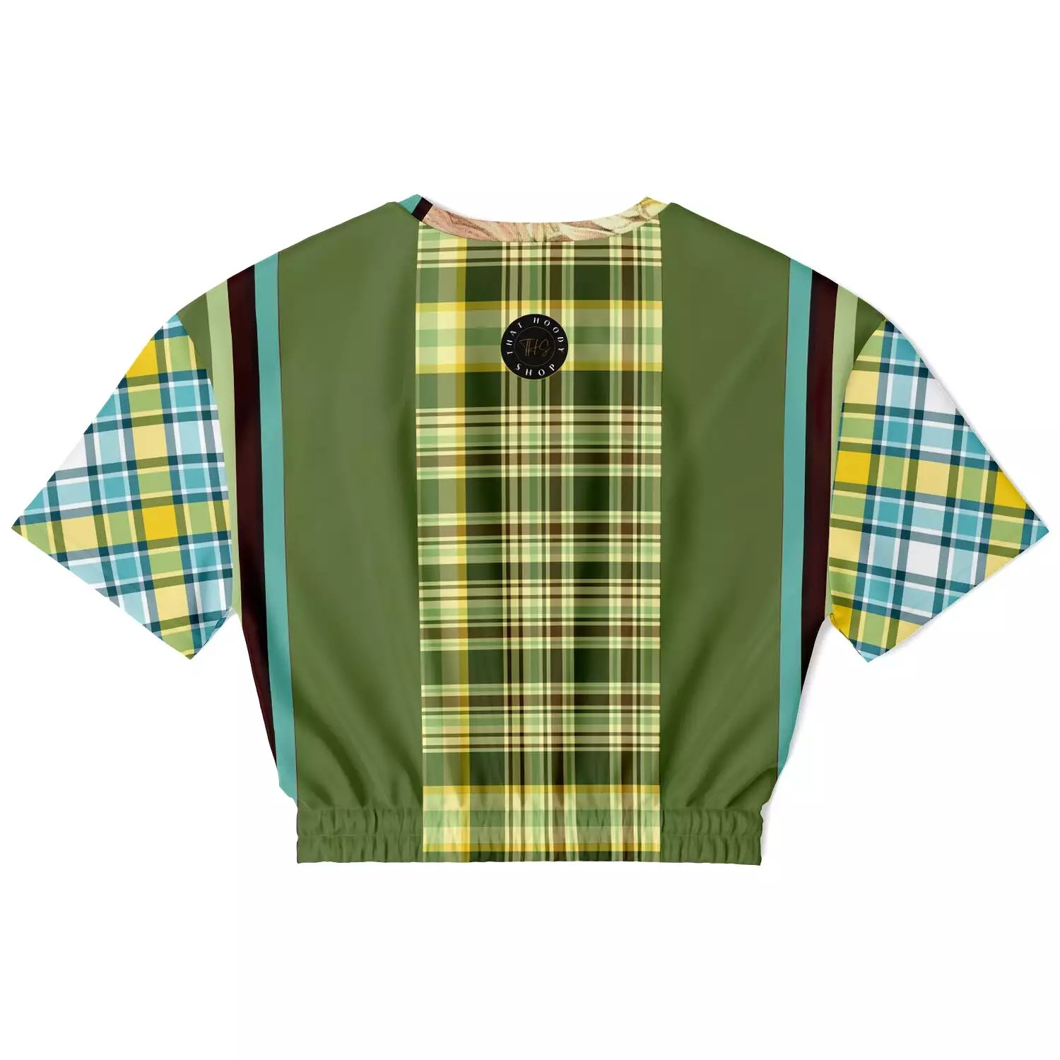 Green Caravan Plaid Short Sleeve Cropped Eco-Poly Sweater