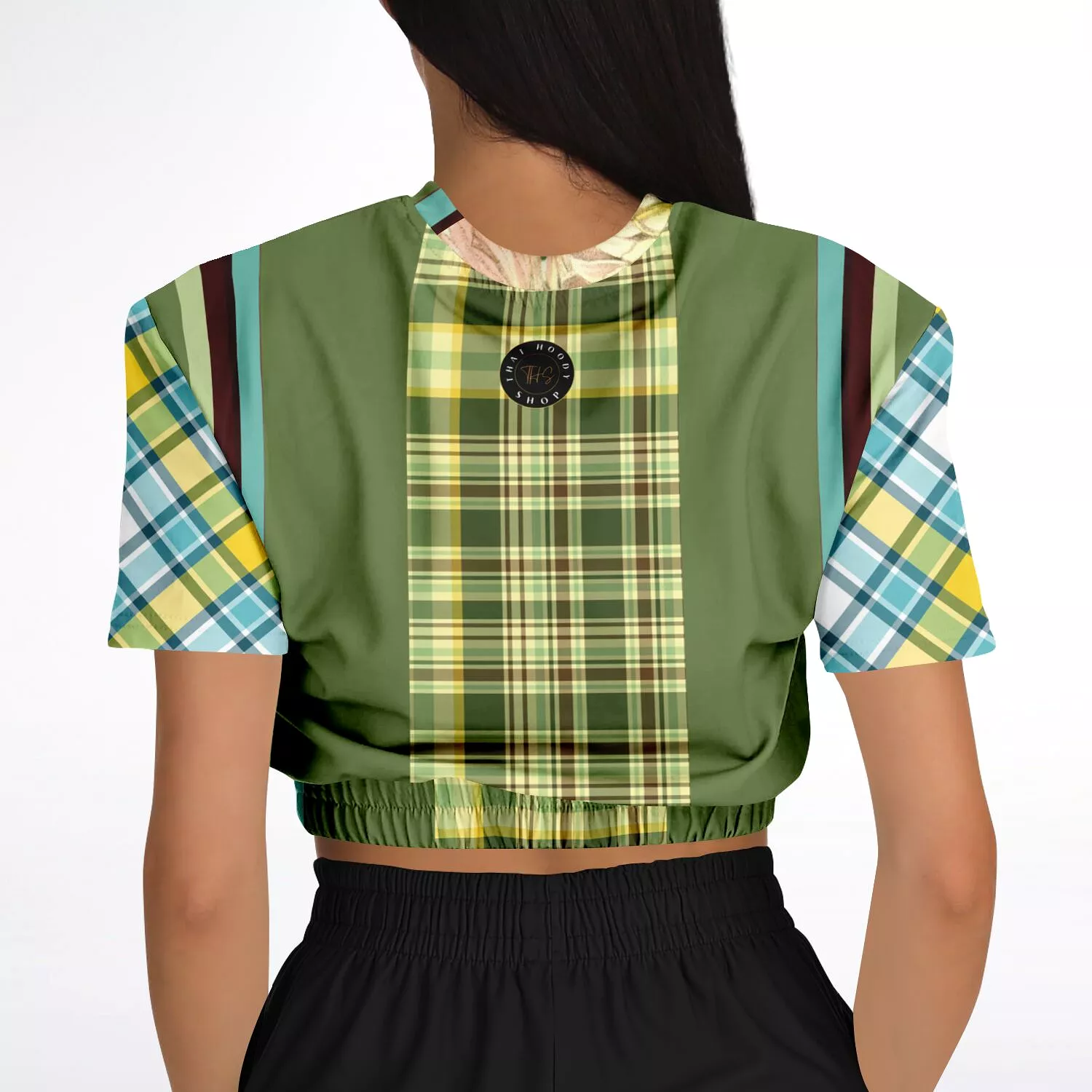 Green Caravan Plaid Short Sleeve Cropped Eco-Poly Sweater