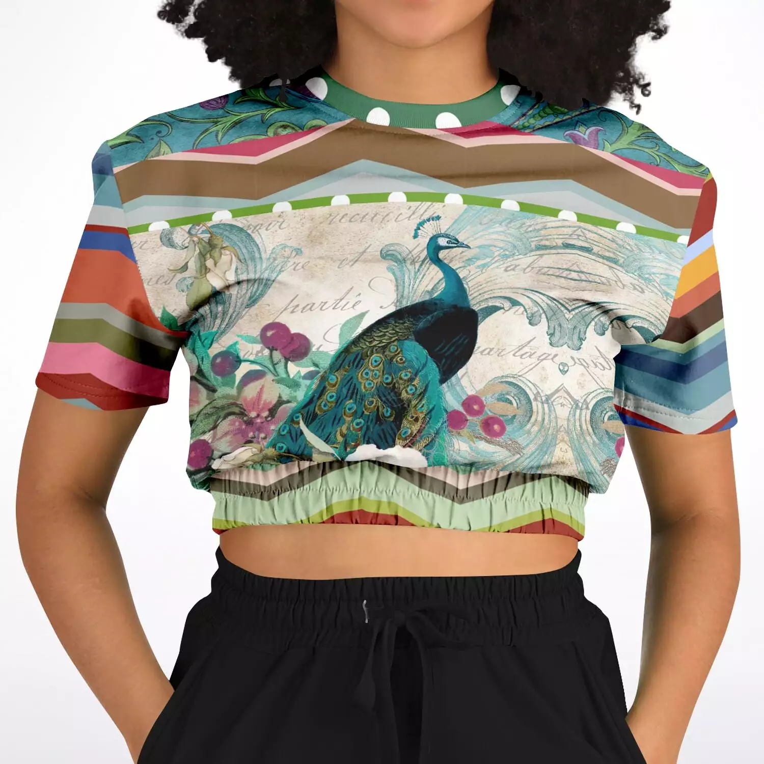 Green Peacock Short Sleeve Cropped Eco-Poly Sweater