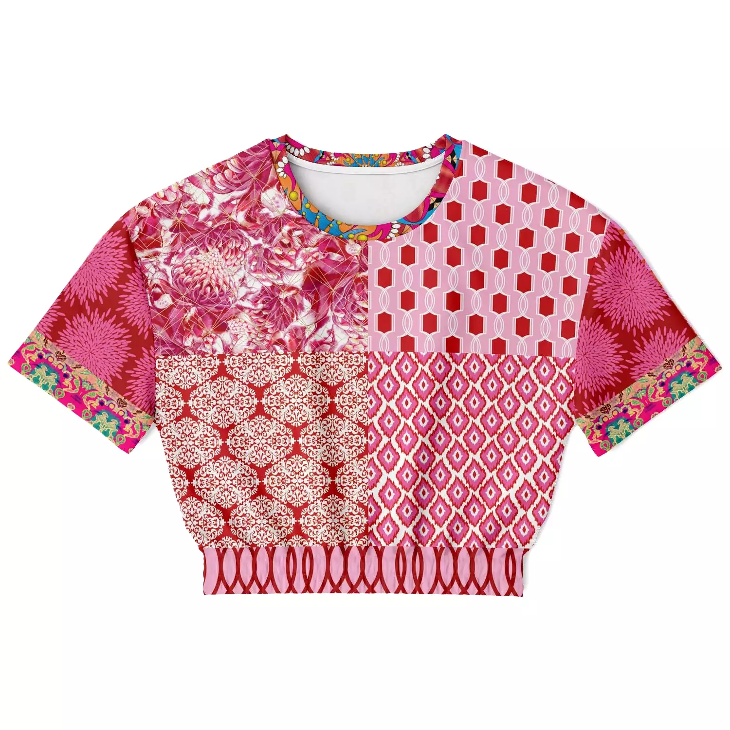 Gypsy Beat Pink Patchwork Short Sleeve Cropped Eco-Poly Sweater