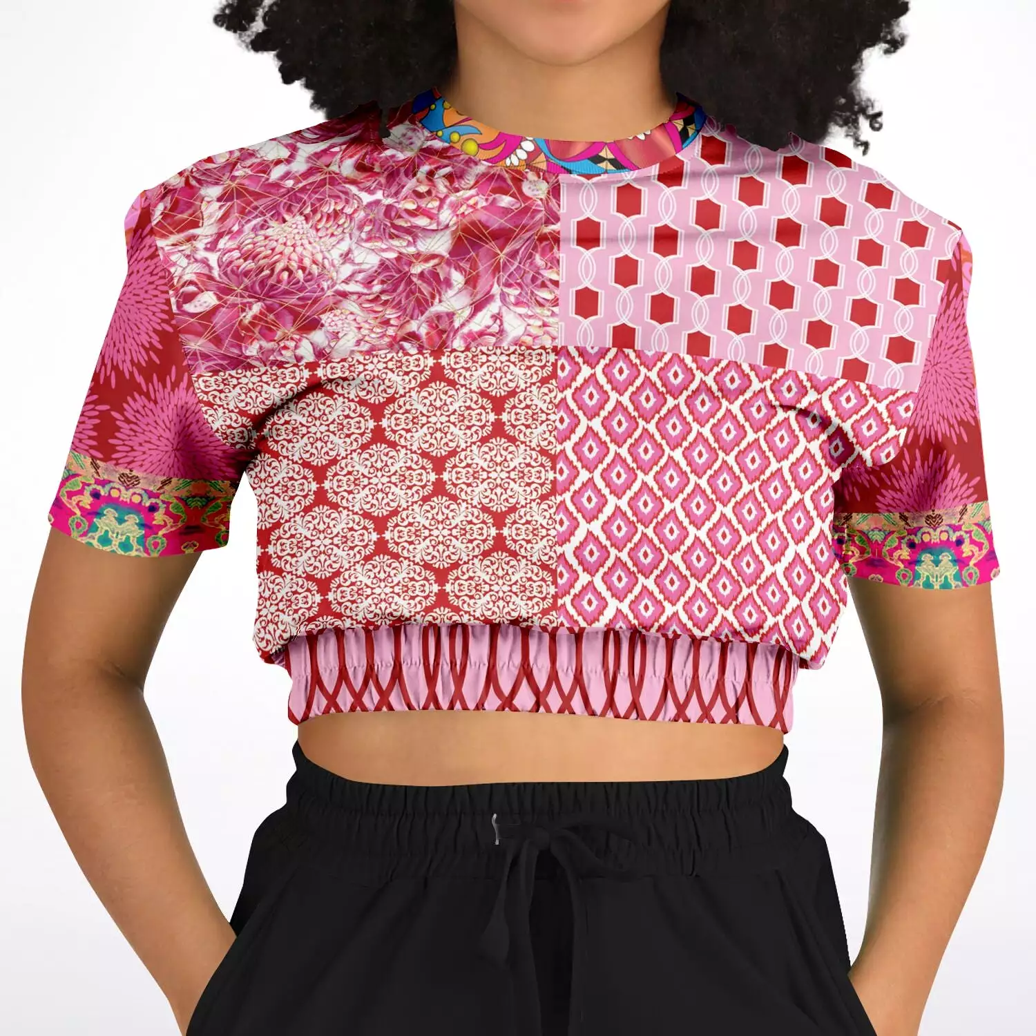 Gypsy Beat Pink Patchwork Short Sleeve Cropped Eco-Poly Sweater