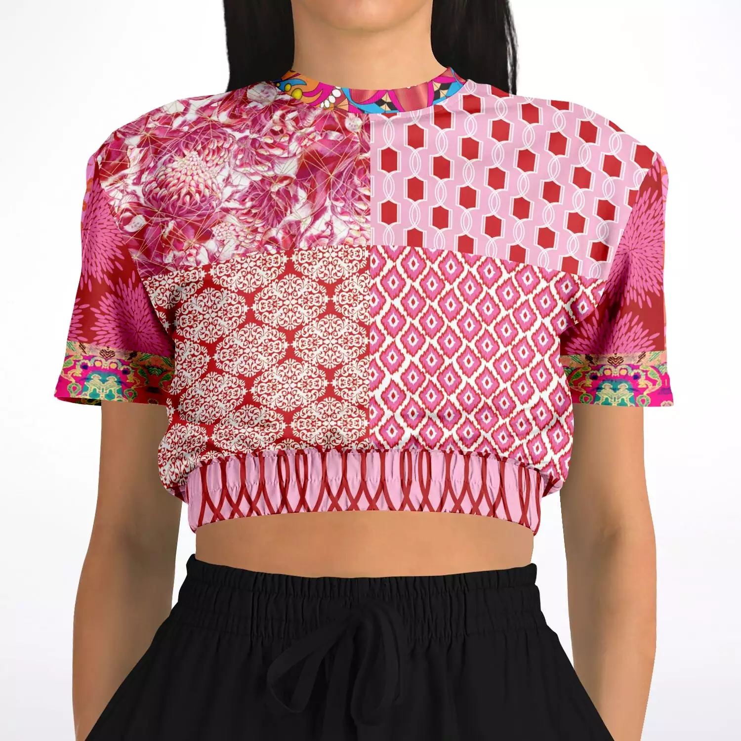 Gypsy Beat Pink Patchwork Short Sleeve Cropped Eco-Poly Sweater