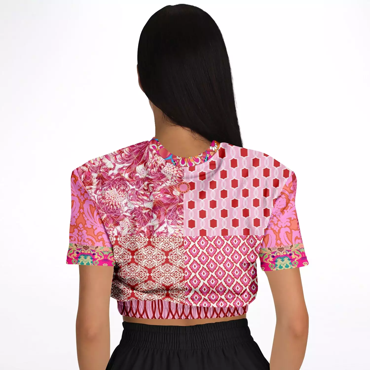 Gypsy Beat Pink Patchwork Short Sleeve Cropped Eco-Poly Sweater