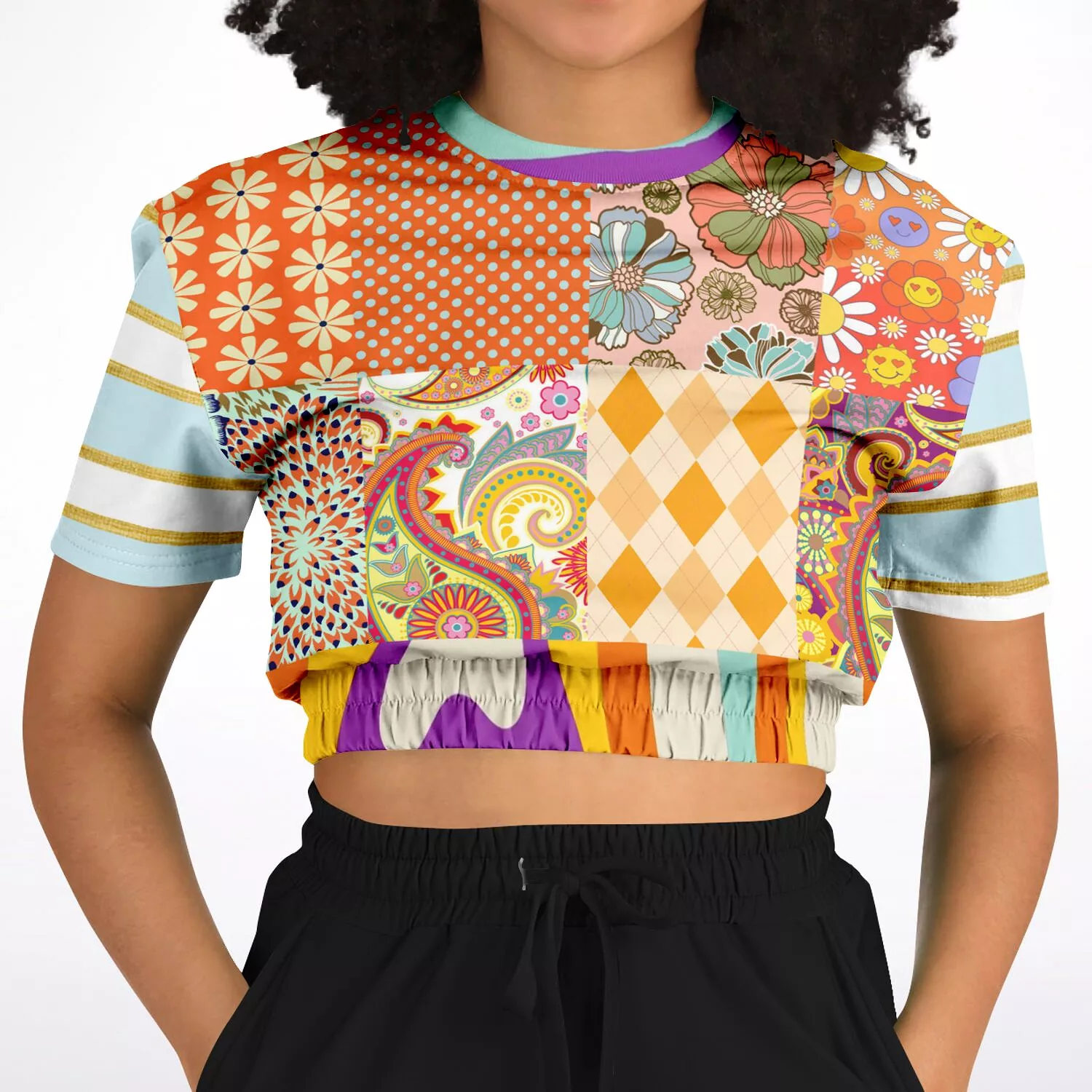 Happy Valley Retro Floral Patchwork Short Sleeve Cropped Eco-Poly Sweater