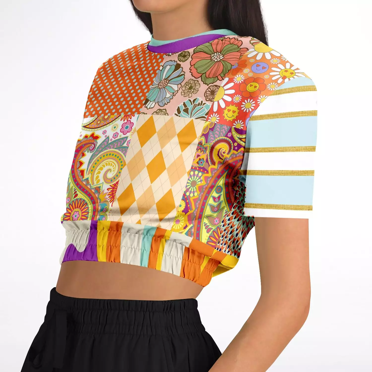 Happy Valley Retro Floral Patchwork Short Sleeve Cropped Eco-Poly Sweater