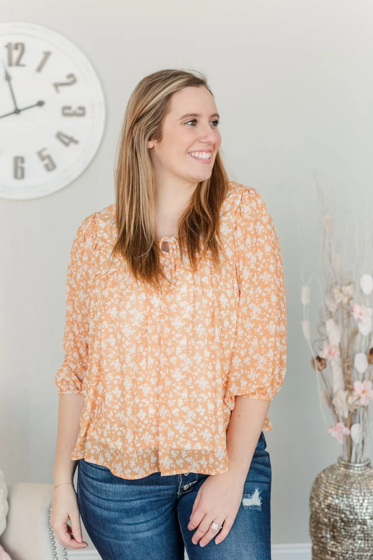 Head In The Clouds Floral Blouse- Soft Orange