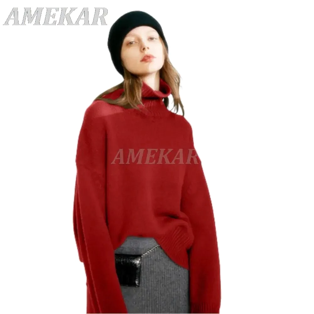 High Collared Cashmere Sweater Autumn Winter New Female Thick Loose Pullover Sweater Knitting Base Sweater