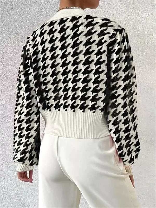 Houndstooth Lantern Sleeve Cardigan Sweater