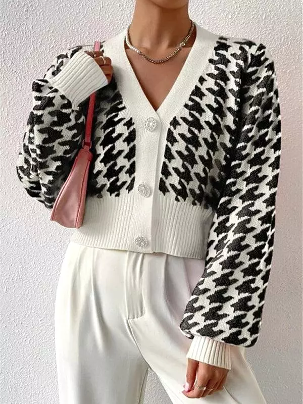 Houndstooth Lantern Sleeve Cardigan Sweater