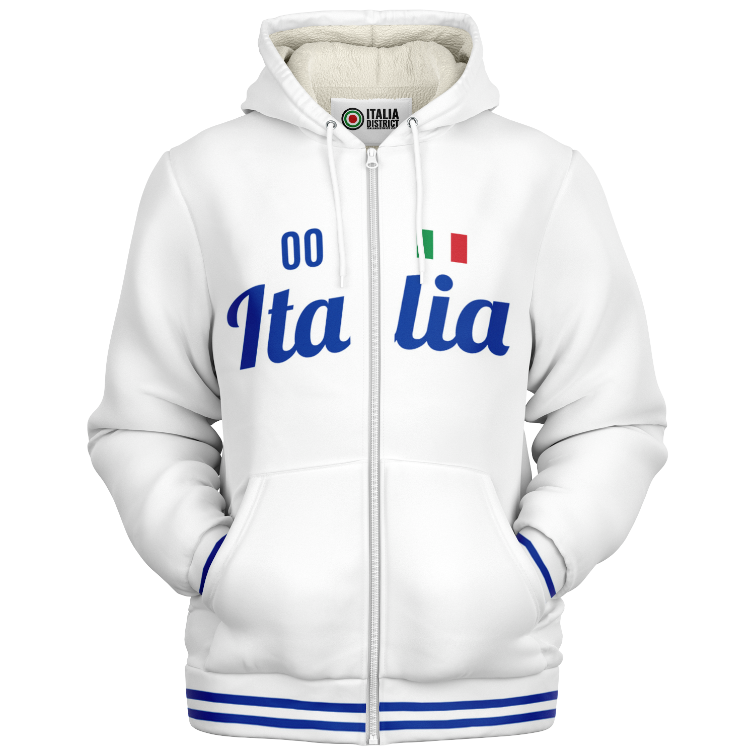 Italy White Microfleece Zip-Up Hoodie - Custom Name + Number