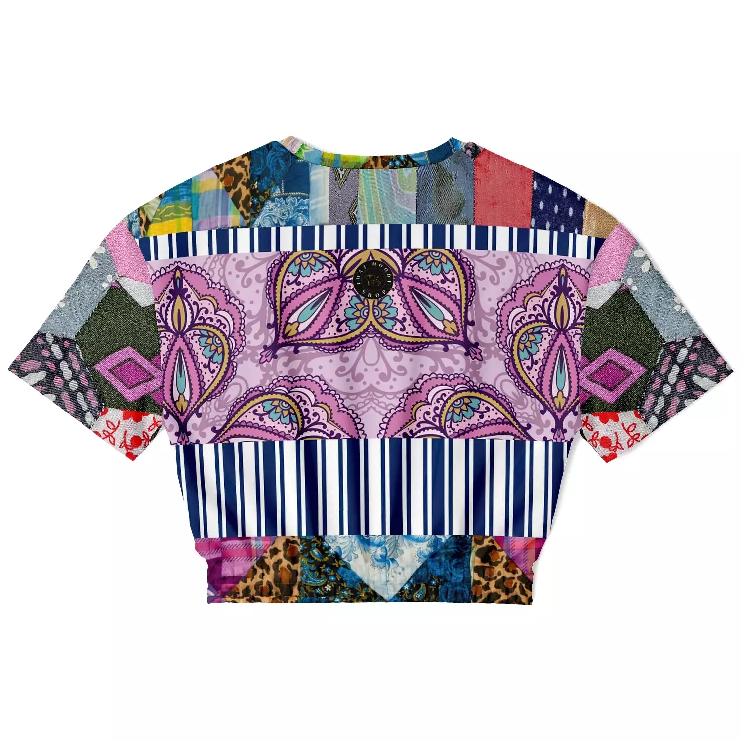 Juxtapose Patchwork Quilt Short Sleeve Cropped Eco-Poly Sweater