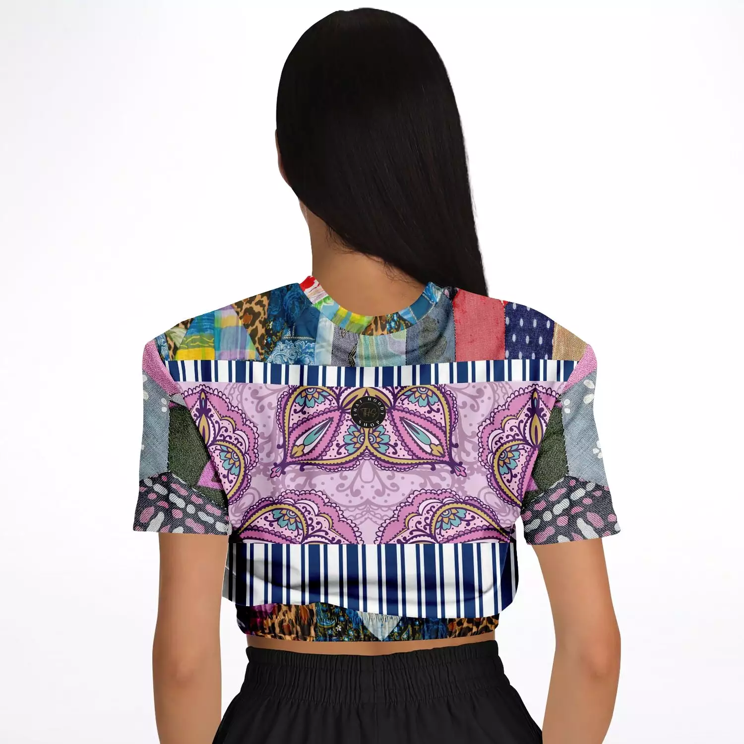 Juxtapose Patchwork Quilt Short Sleeve Cropped Eco-Poly Sweater