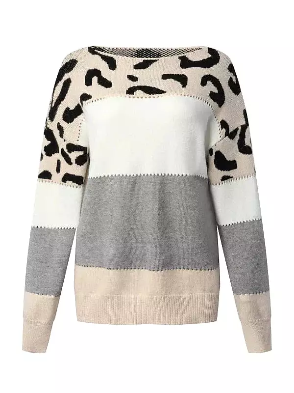 Leopard Color Block Knit Pullover Sweater - Blushing Pink/Gray/Red