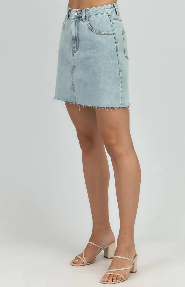 Light Wash Denim Skirt with Raw Edge Hem (SDM112)