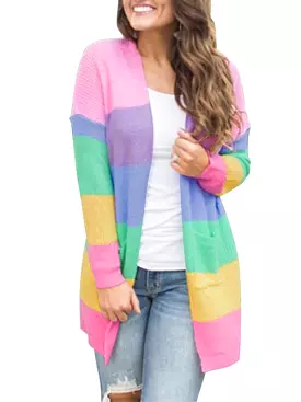 Loose Contrasting Striped Knit Cardigan Sweater