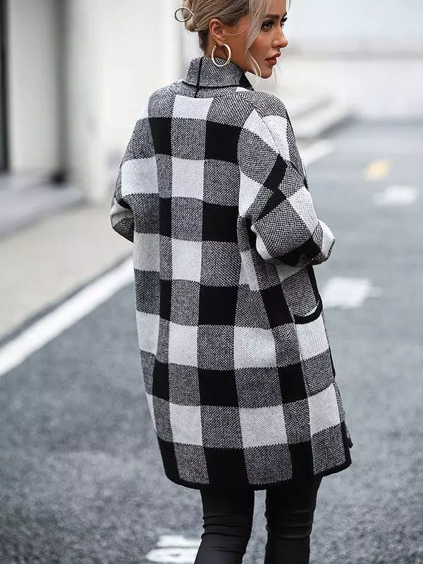 Loose Plaid Color Block Knit Cardigan Sweater