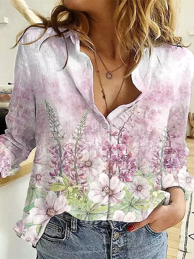 Maroon Black Pink Floral Button Print Shirt Blouse