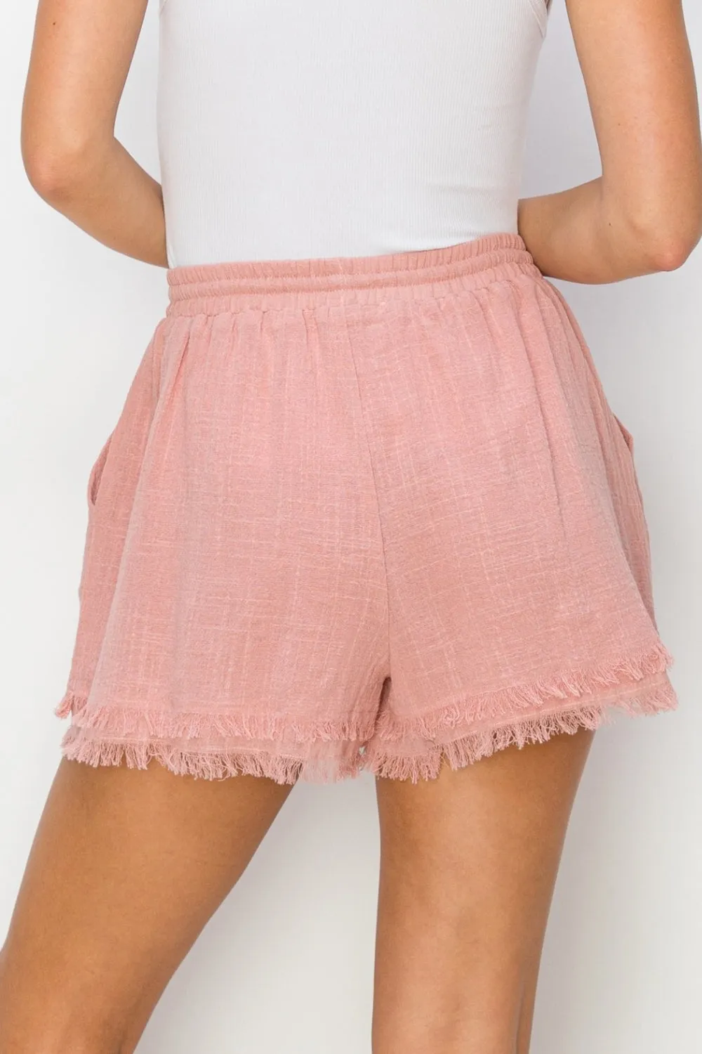 Mauve Drawstring Cotton Gauze Frayed Shorts