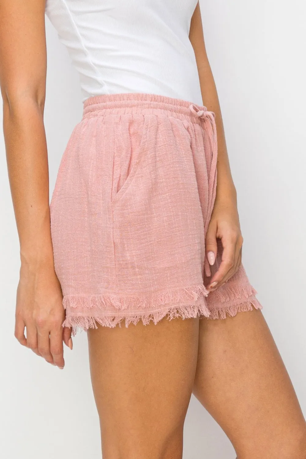 Mauve Drawstring Cotton Gauze Frayed Shorts