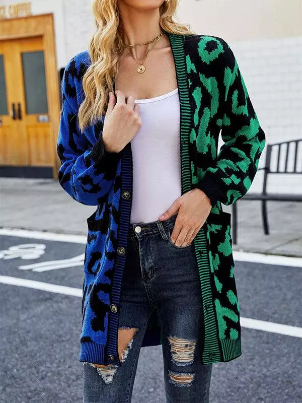 Mid-Length Leopard Knitted Cardigan Sweater