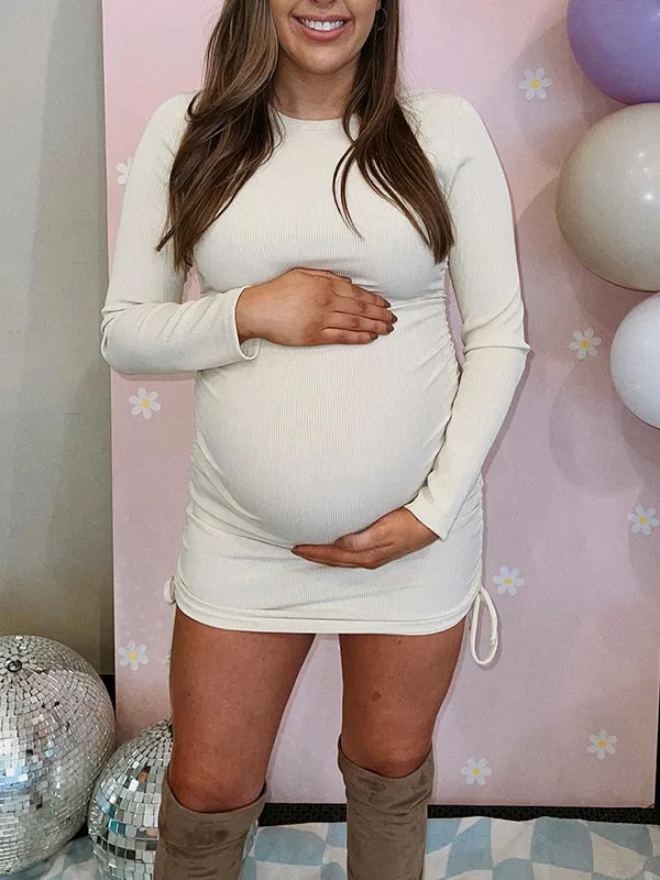 Momnfancy White Ruched Drawstring Lace-up Bodycon Long Sleeve Fashion BabyShower Maternity Mini Dress