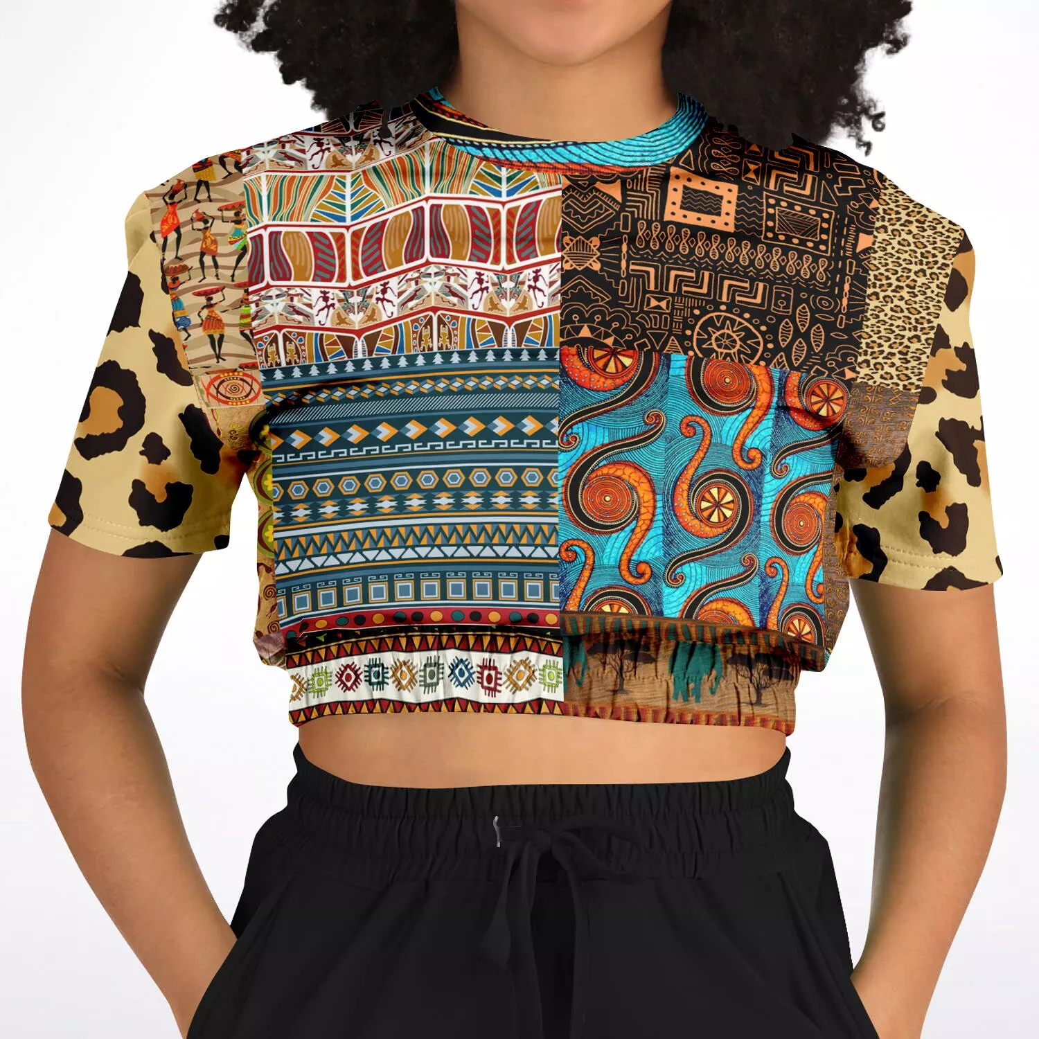 Mother Lode African Print Short Sleeve Cropped Eco-Poly Sweater