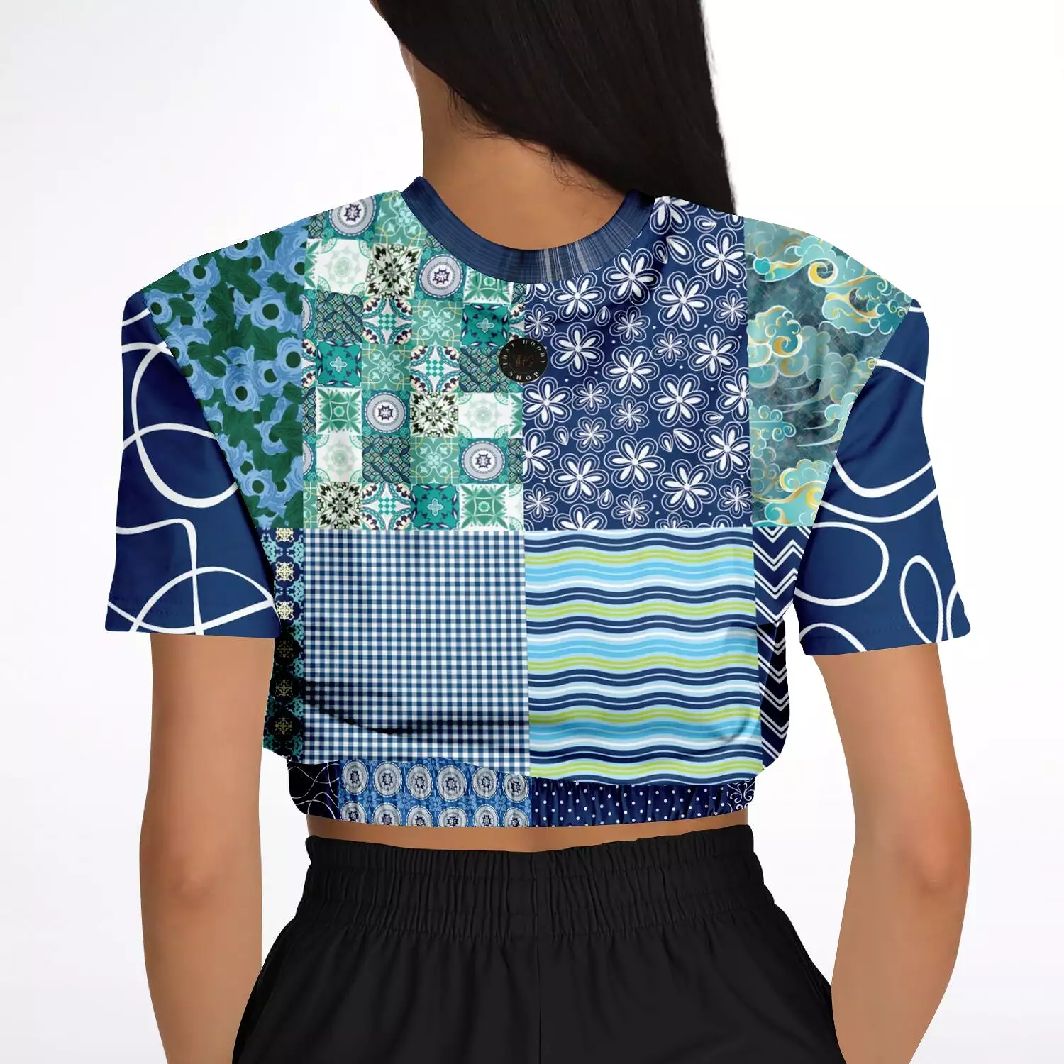 Mykonos Patchwork Print Short Sleeve Cropped Eco-Poly Sweater