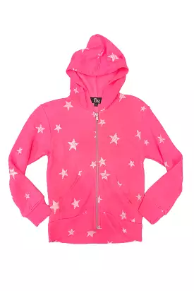 Neon Pink White Stars Zip Hoodie