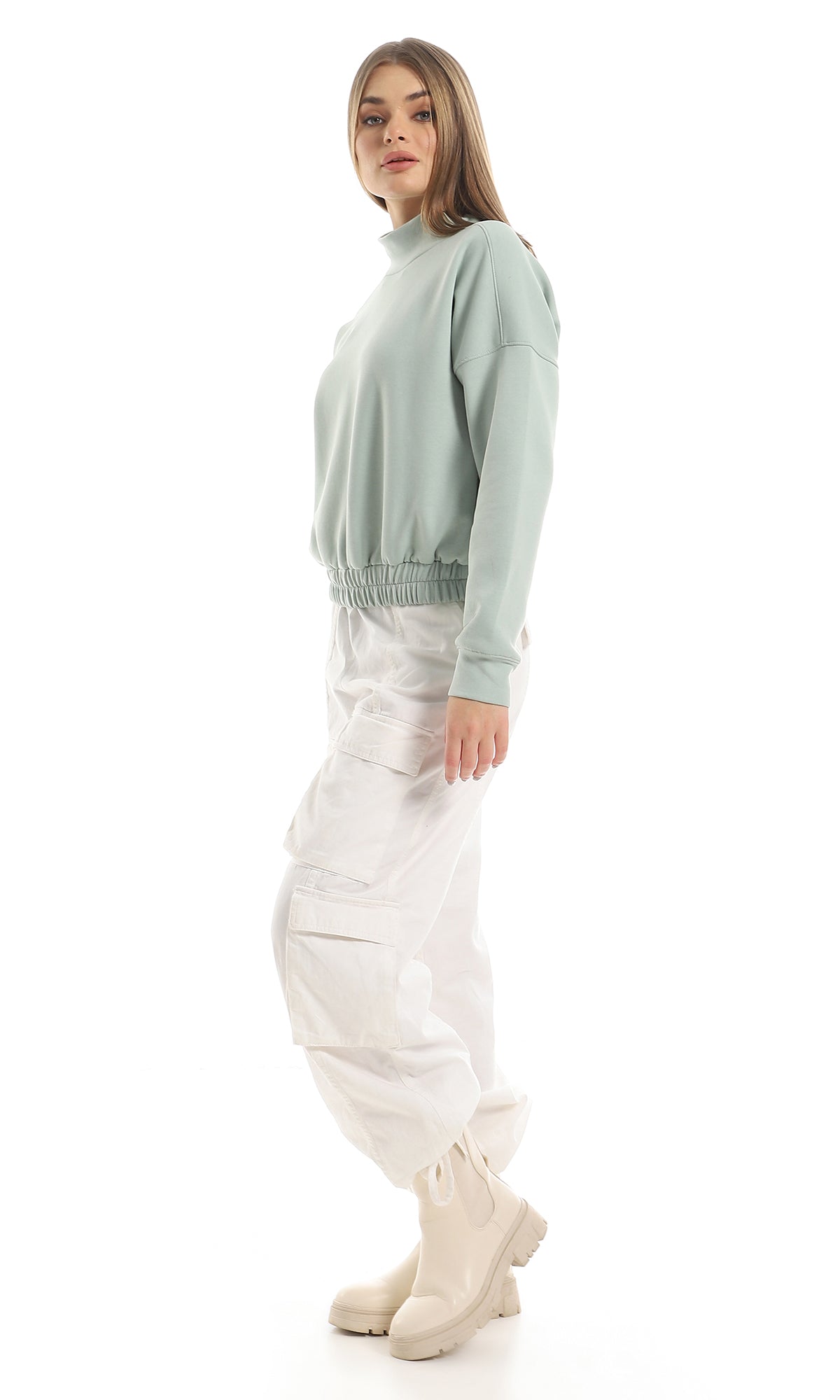 O153037 Ring Neck Cropped Sweatshirt With Elasticated Waist - Mint Green