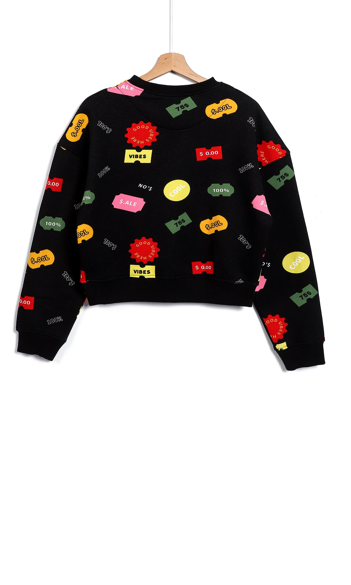 O154500 Good Vibes Printed Cropped Black Long Sleeves Sweatshirt