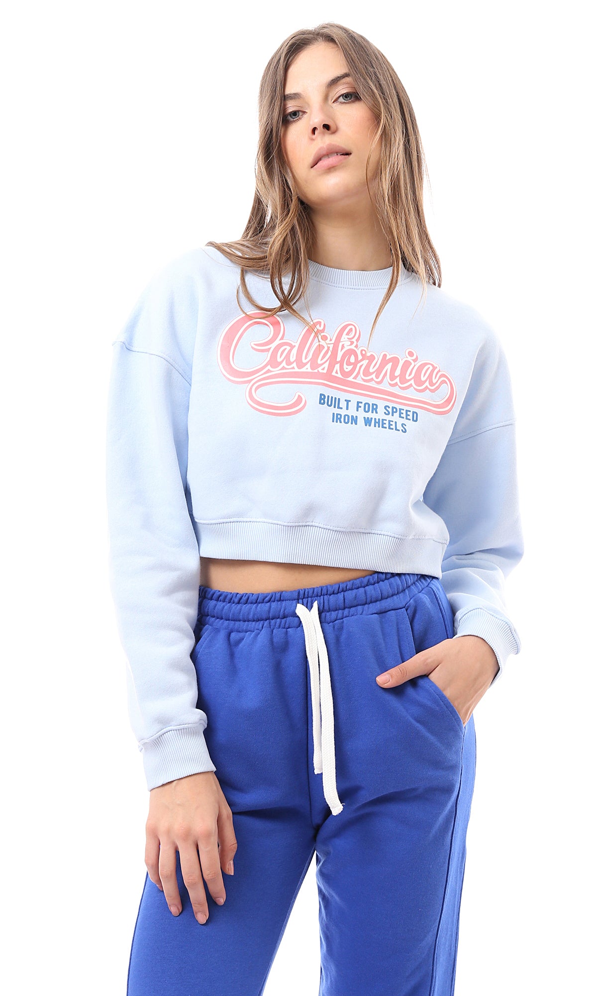 O174476 Light Blue Printed California Cropped Sweatshirt