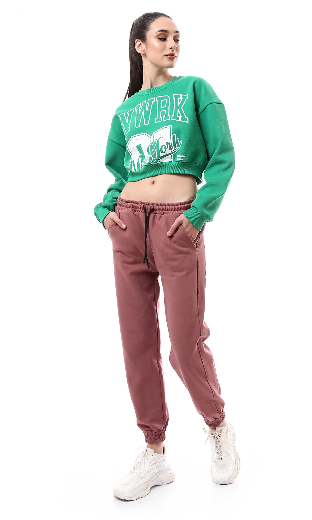 O176245 Green Coziness Cropped Sweatshirt With Elastic Hem