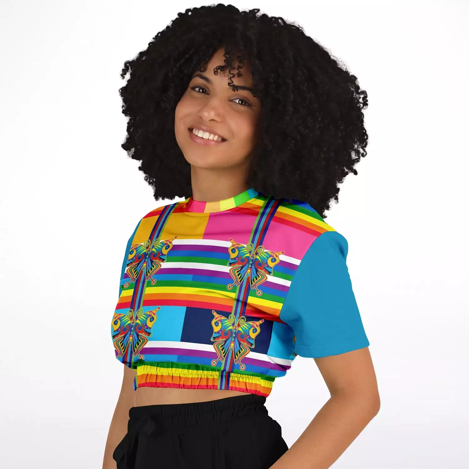 OG San Diego Rainbow Stripe Short Sleeve Cropped Eco-Poly Sweater