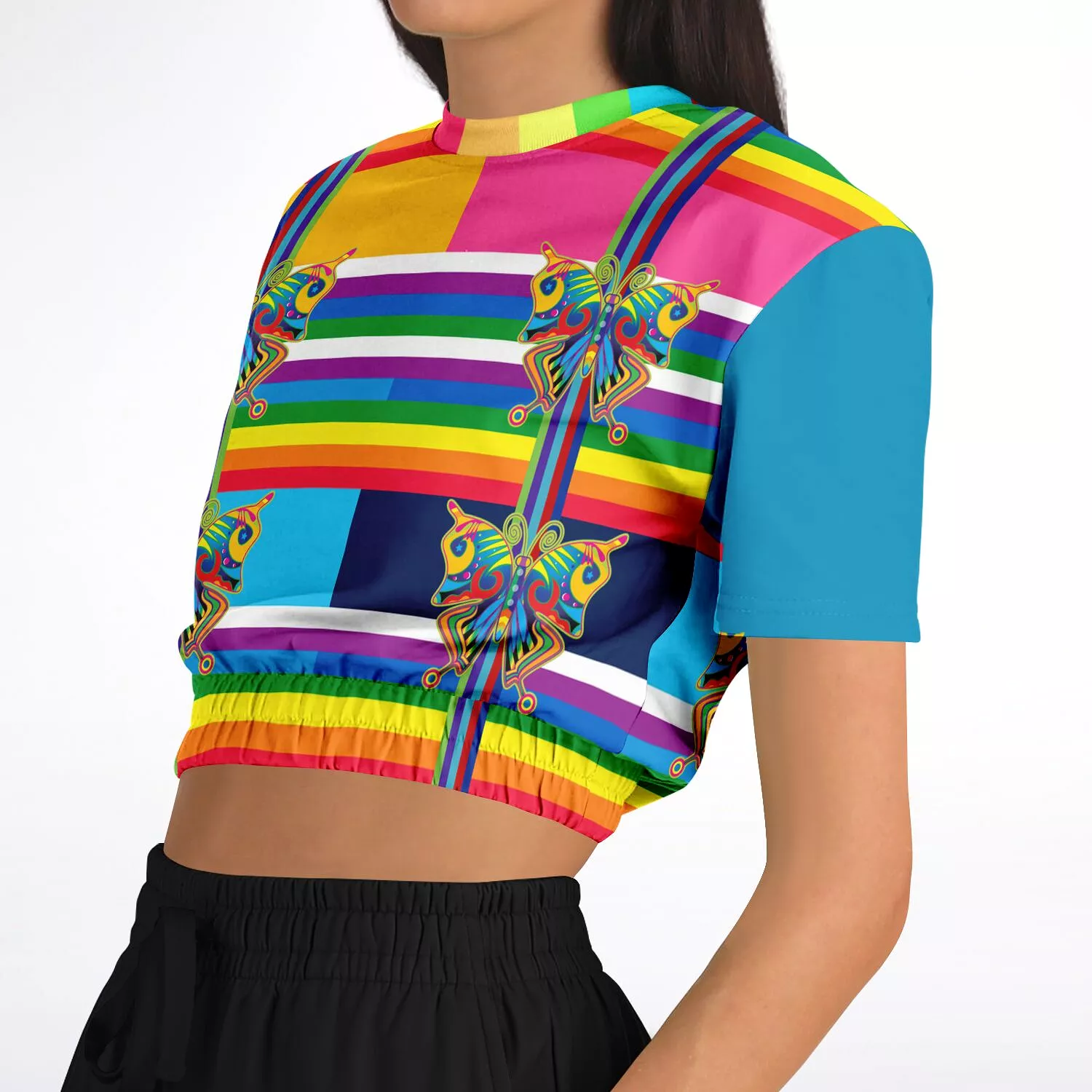 OG San Diego Rainbow Stripe Short Sleeve Cropped Eco-Poly Sweater