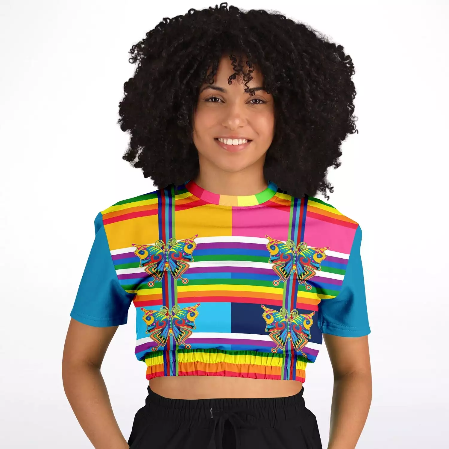 OG San Diego Rainbow Stripe Short Sleeve Cropped Eco-Poly Sweater