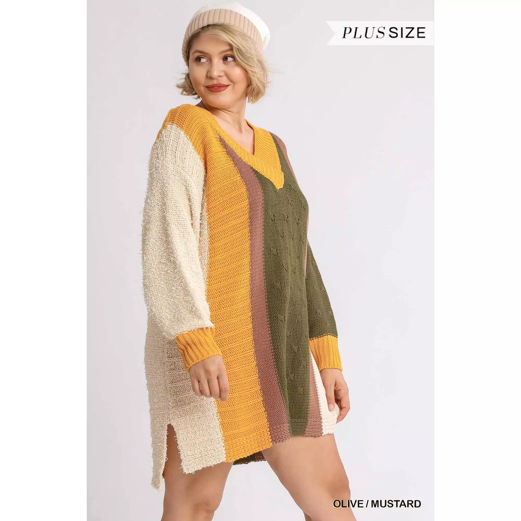 Oversized Multicolor Bouclé V-neck Pullover Sweater Dress With Side Slit