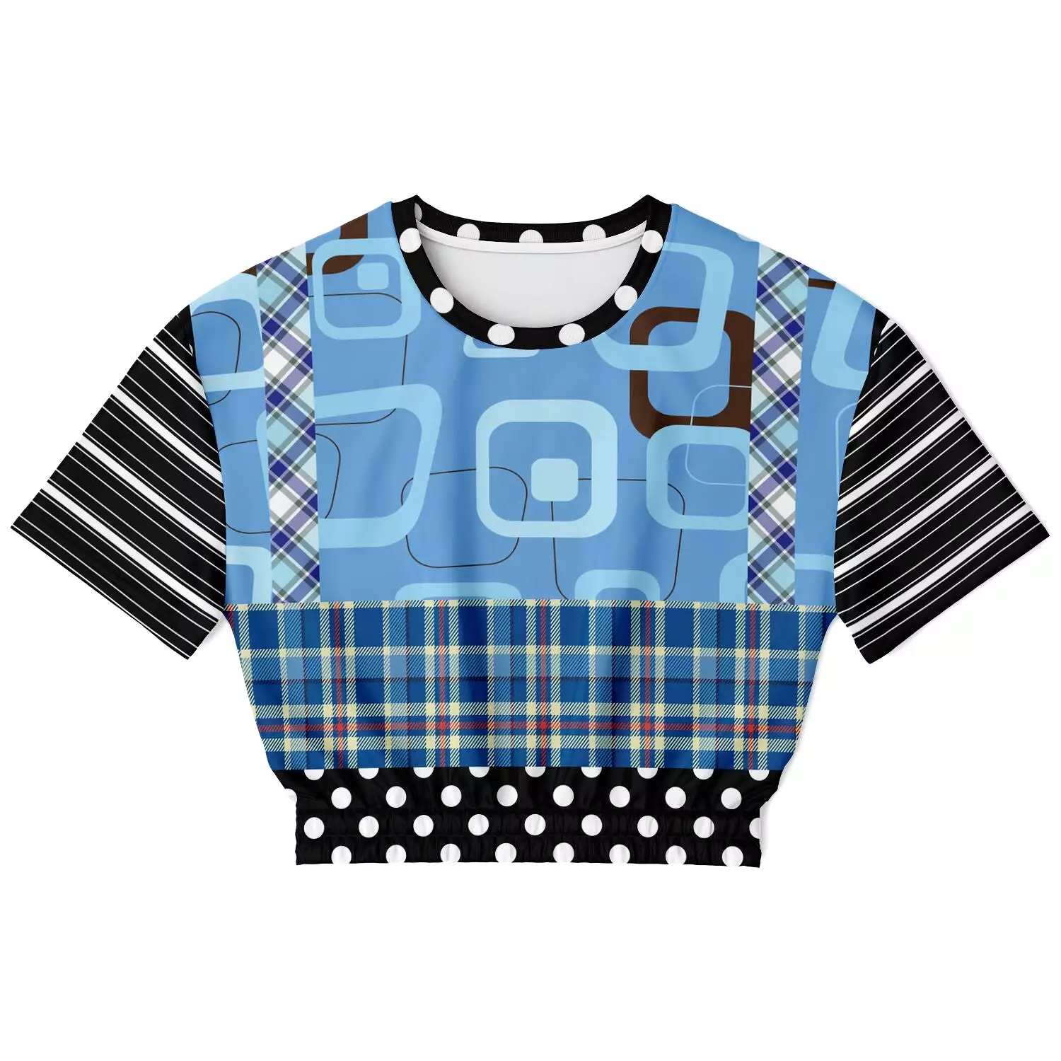 Pacific Palisades Blue Patchwork Short Sleeve Cropped Eco-Poly Sweater