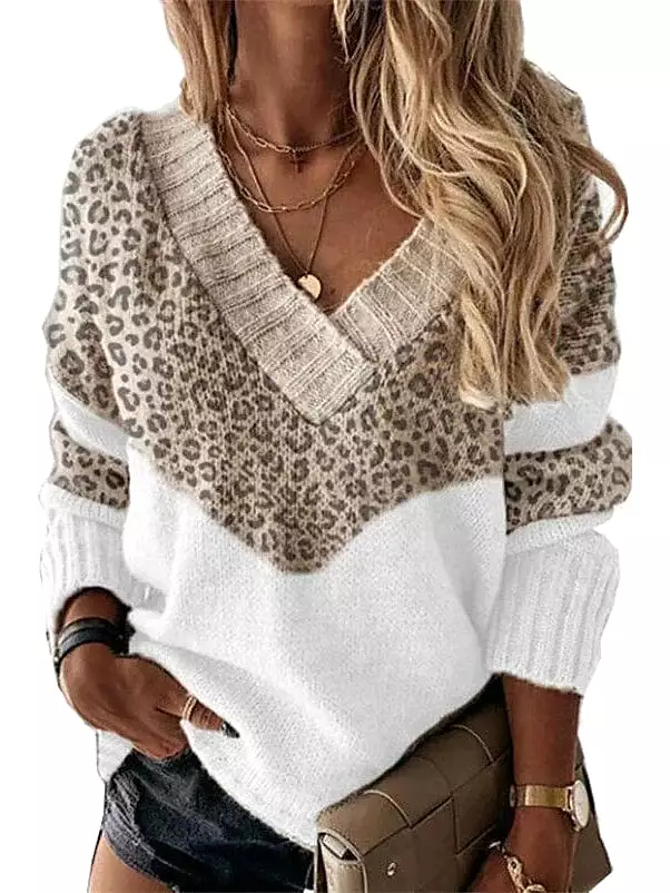 Patchwork Print V-Neck Pullover Sweater with Leopard Print