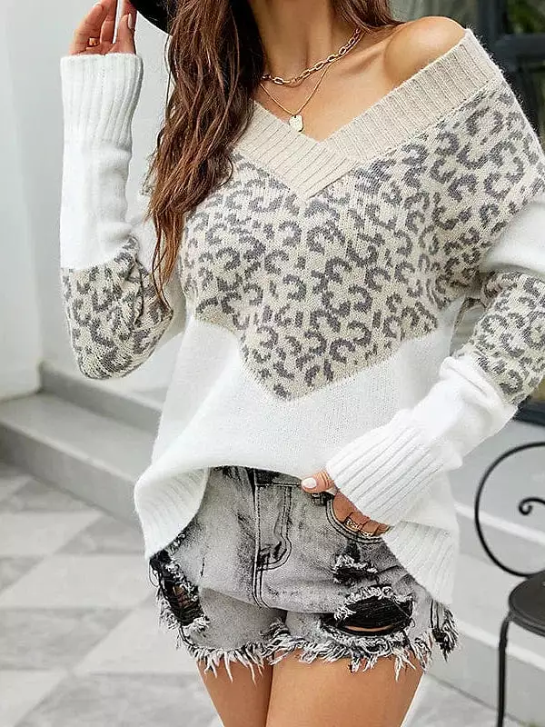 Patchwork Print V-Neck Pullover Sweater with Leopard Print