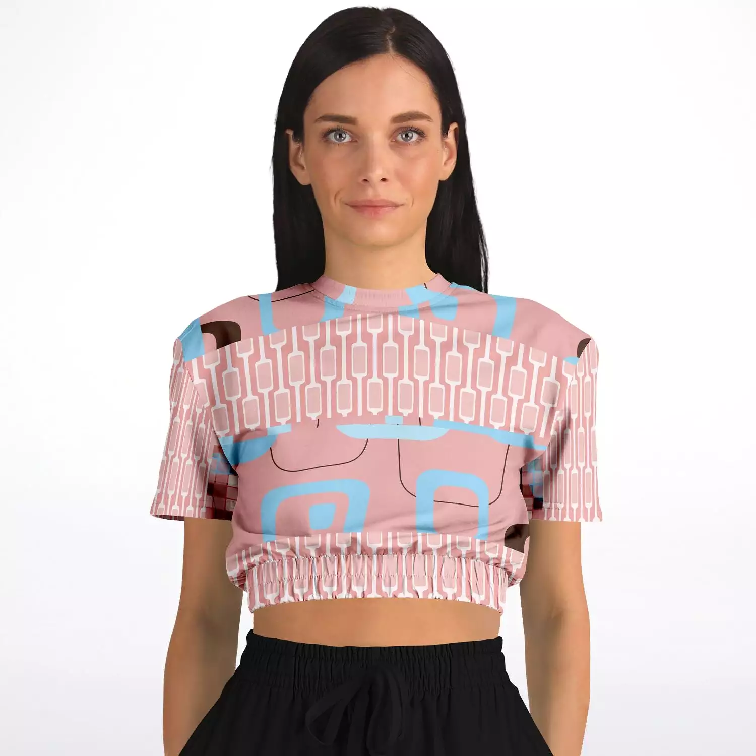 Pink Geo Gallagher Short Sleeve Cropped Eco-Poly Sweater