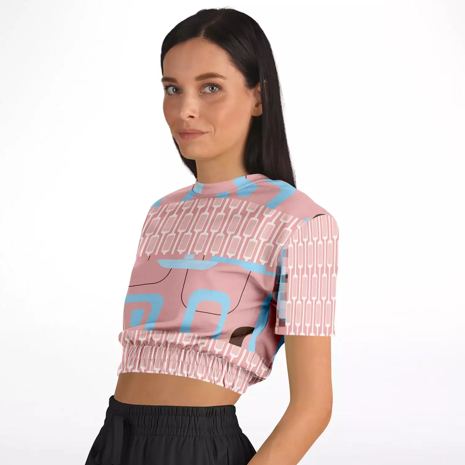 Pink Geo Gallagher Short Sleeve Cropped Eco-Poly Sweater