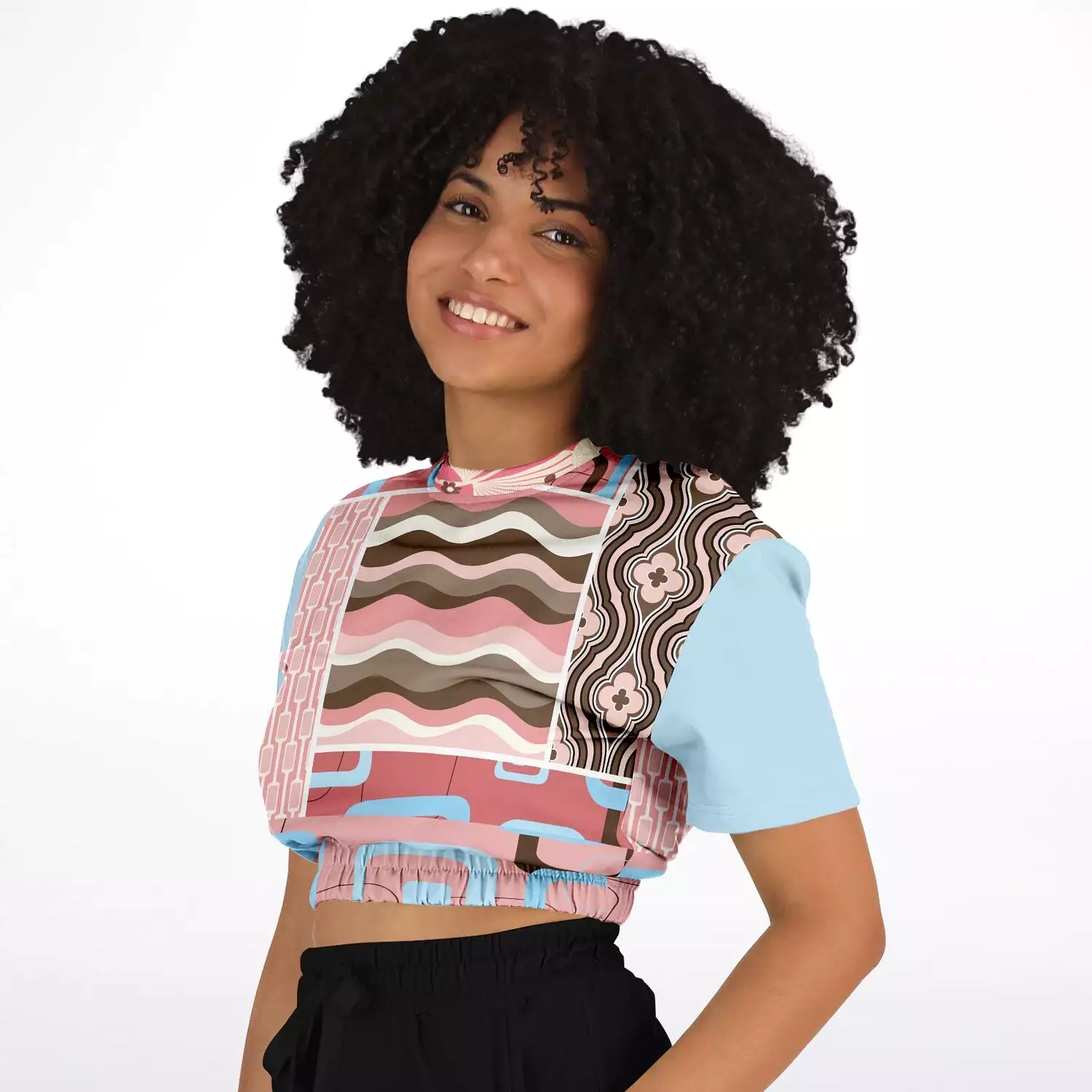 Pink Geo Retro Striped Short Sleeve Cropped Eco-Poly Sweater