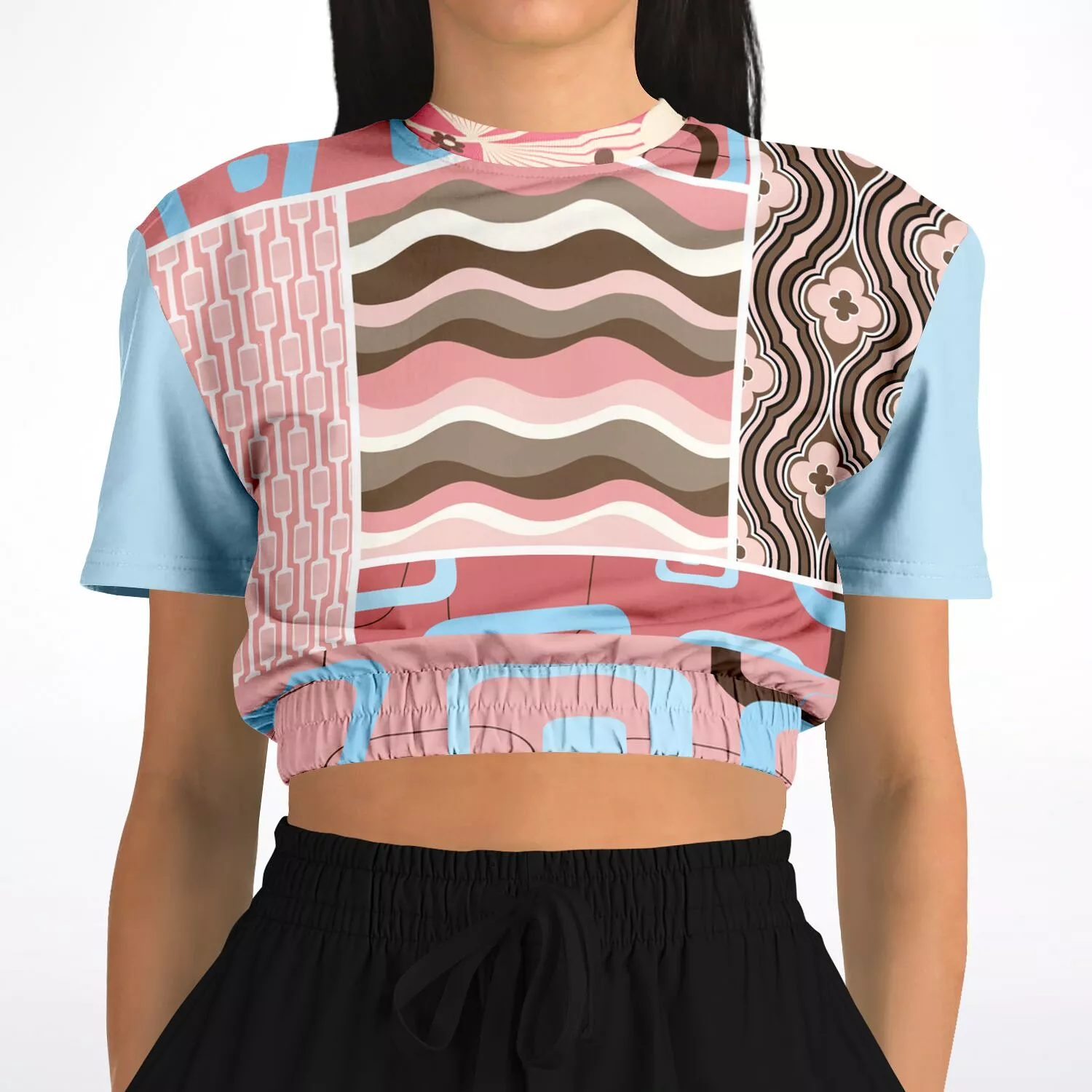 Pink Geo Retro Striped Short Sleeve Cropped Eco-Poly Sweater