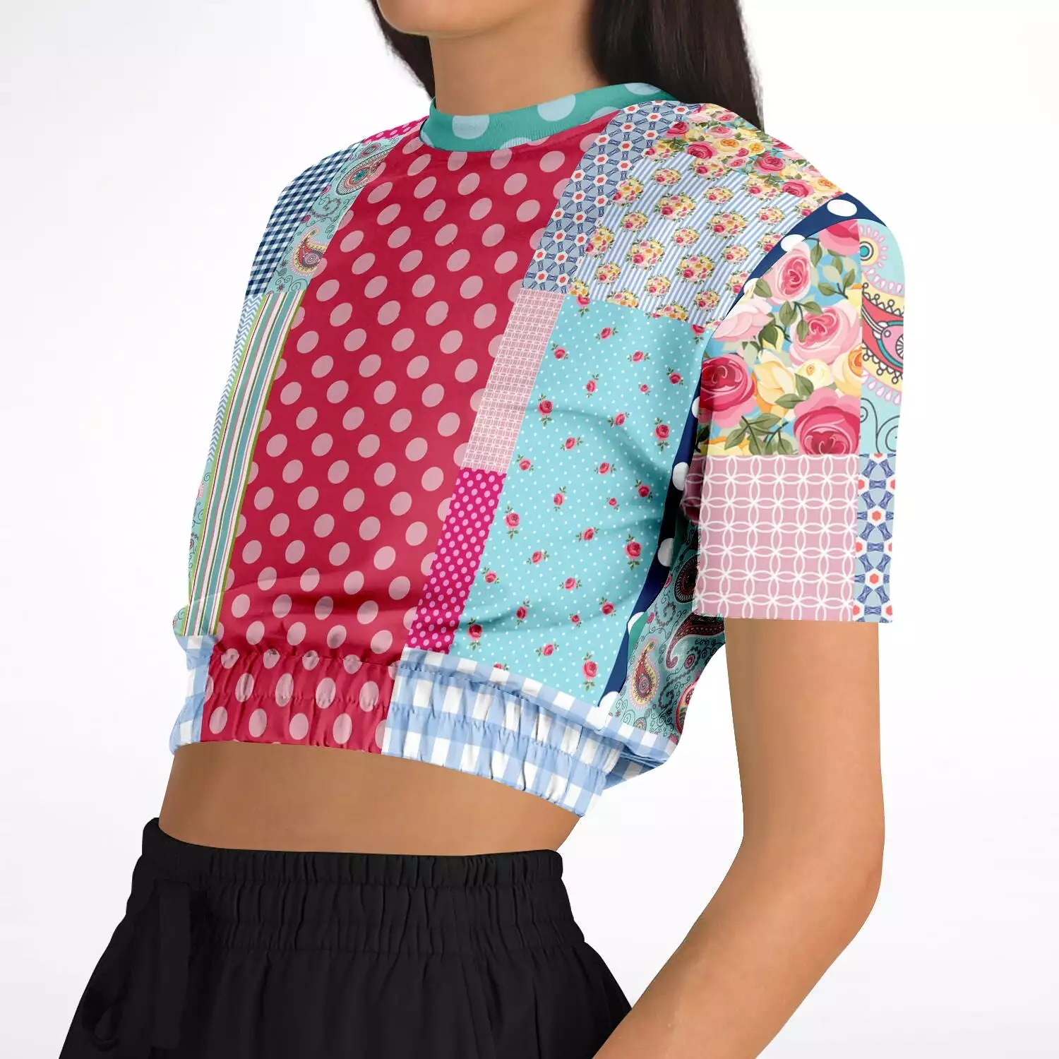 Pink Sherbert Floral Patchwork Plaid Short Sleeve Cropped Eco-Poly Sweater